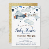 グリッター,星,雲,飛行機の赤ちゃんシャワー 招待状 (正面/裏面)