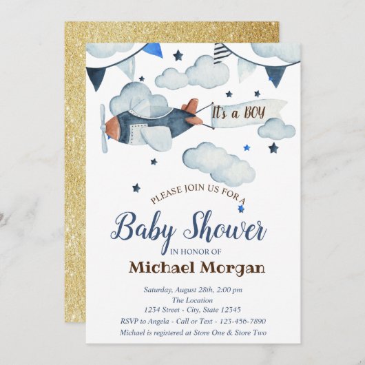 グリッター,星,雲,飛行機の赤ちゃんシャワー 招待状 (正面/裏面)