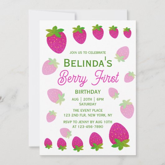 グリッター Y2K ストロベリー ベリー ファースト 1歳 誕生日 招待状 (正面)