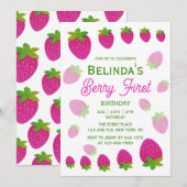 グリッター Y2K ストロベリー ベリー ファースト 1歳 誕生日 招待状 (正面/裏面)