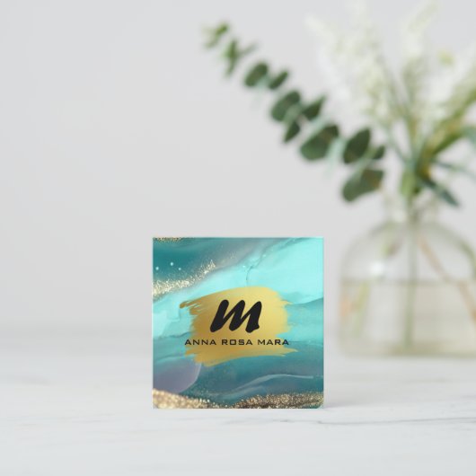 *~*グリッターAP66リュックスターコイズ金ゴールド瑪瑙QR スクエア名刺 (スタンド正面)