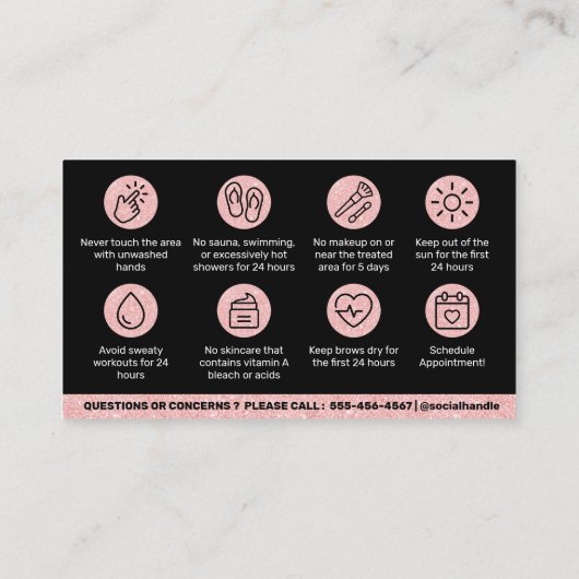 グリッターPink Brows AfterCare PMU Browの指示 名刺 (裏面)