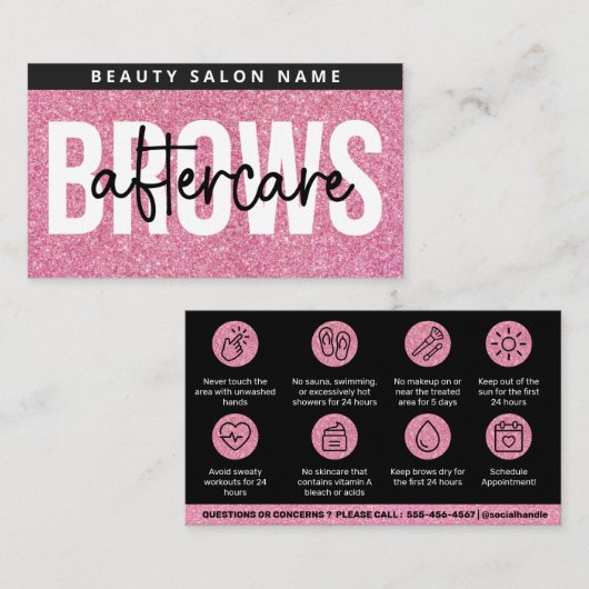 グリッターPink Brows AfterCare PMU Browの指示 名刺 (正面/裏面)