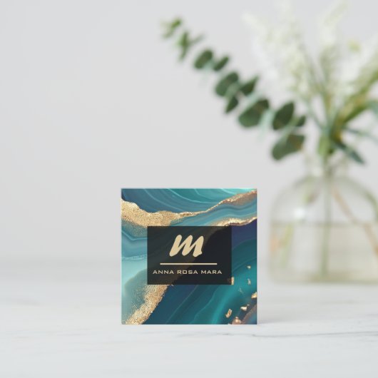 *~*グリッターQRルクースイニシャルターコイズAP66金ゴールド スクエア名刺 (スタンド正面)