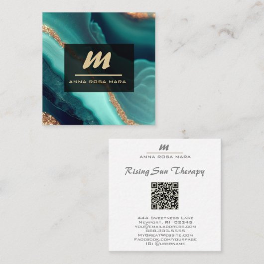 *~*グリッターQRルクースイニシャルAP66ターコイズ金ゴールド スクエア名刺 (正面/裏面)