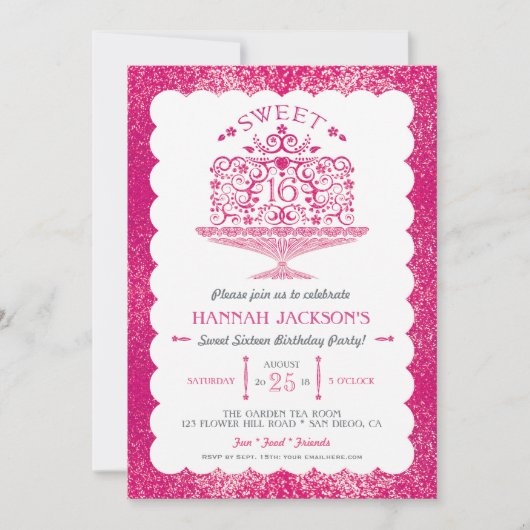 グリッターSweet sixteenレースのようお誕生日ケーキパーティー 招待状 (正面)
