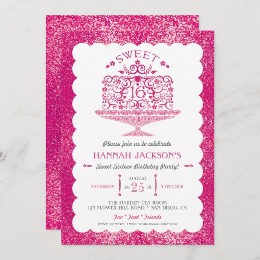 グリッターSweet sixteenレースのようお誕生日ケーキパーティー 招待状 (正面/裏面)