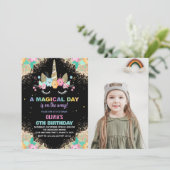 グリッターUnicorn誕生日招待状と写真 招待状 (スタンド正面)