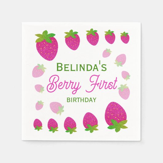 グリッターY2Kストロベリーベリー第1誕生日 スタンダードカクテルナプキン (正面)