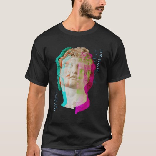 グリッチギリシャの彫像の波の合成波Vaporwave Aesth Tシャツ (正面)