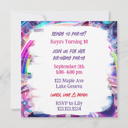 グリッチコアカラフルアニメのアートワーク誕生日パーティー 招待状 (裏面)