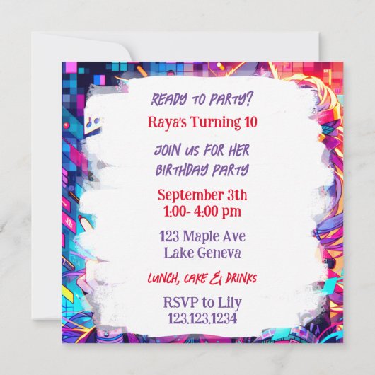 グリッチコアカラフルアニメアートワーク誕生日 招待状 (裏面)