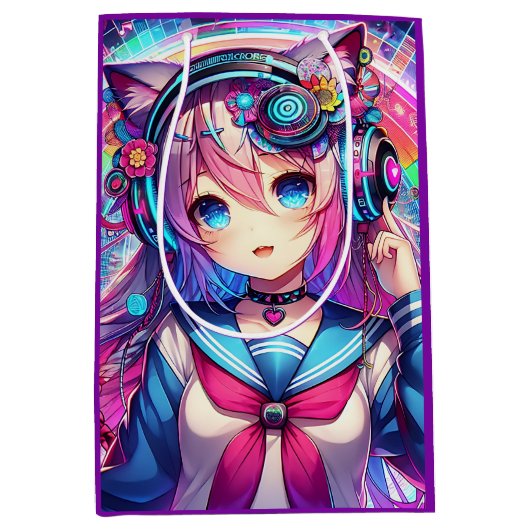 グリッチコアカラフルアニメガールアートワーク誕生日 ミディアムペーパーバッグ