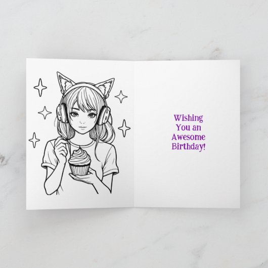 グリッチコアカラフルアニメガール誕生日カラーリング カード (内部)