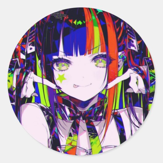 グリッチコアネオンアニメガールスターチーク ラウンドシール (正面)