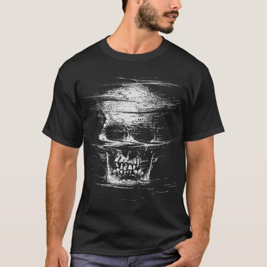 グリッチモードのドクロデザイン: 死を欺く Tシャツ (正面)