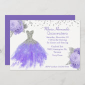 グリッツィパープルとシルバーガウンQuinceaenera 招待状 (正面/裏面)