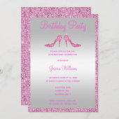 グリッツィピンクシークンズ&スティレトス25誕生日 招待状 (正面/裏面)