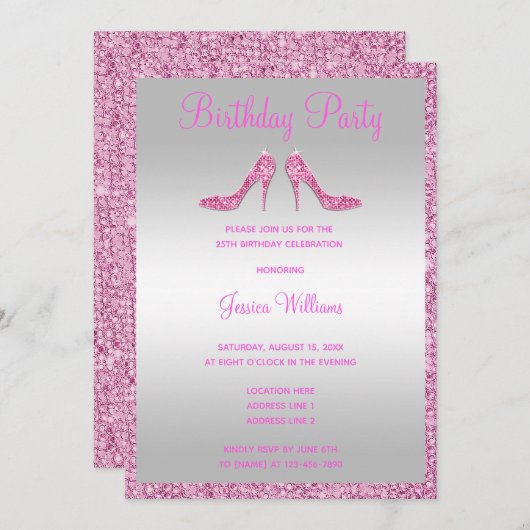 グリッツィピンクシークンズ&スティレトス25誕生日 招待状 (正面/裏面)