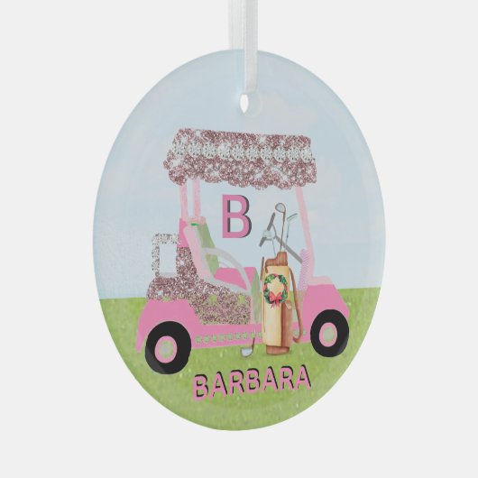 グリッツグラムクリスマスゴルフカートのクラブ名 ガラスオーナメント (正面右)