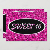 グリッツピンク 'スイート16' ブラックオーバル招待状 招待状 (正面/裏面)