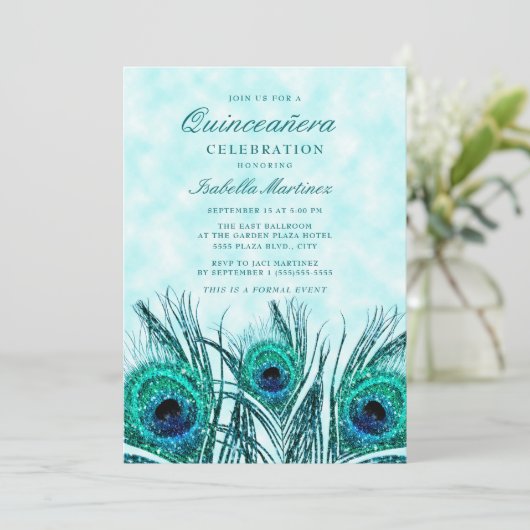 グリッティティール（緑がかった色）ブルーピーコックフェザーズキンセアニラ 招待状 (スタンド正面)