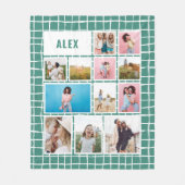 グリッドグリーン白12枚の写真モダンミニマル抽象芸術 フリースブランケット (正面)