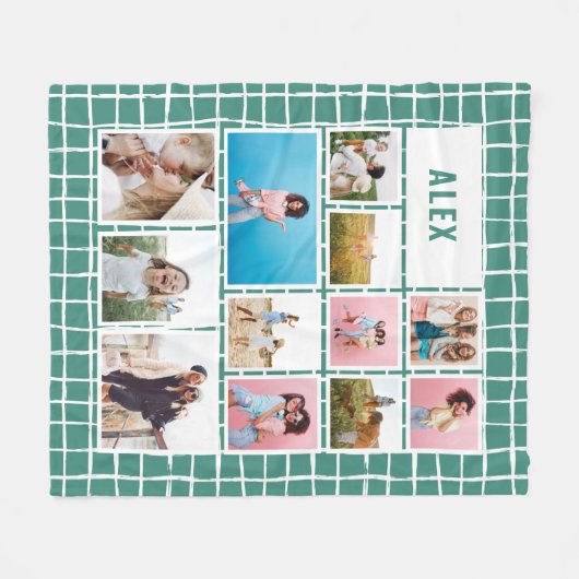 グリッドグリーン白12枚の写真モダンミニマル抽象芸術 フリースブランケット (正面(横))