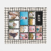 グリッドブラッククリーム12フォトモダンミニマル抽象芸術 フリースブランケット (正面(横))