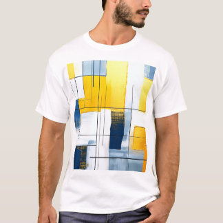 グリッドライト・コンポジション - ゴールドとブルーの都市ブロック Tシャツ