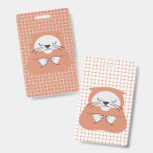 グリッドラインとブラウンのかわいい猫のデザイン バッジ (正面&裏面)