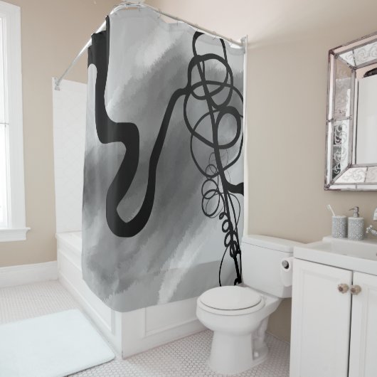 グリッド上：抽象芸術グレー、白黒 シャワーカーテン (インサイチュ)