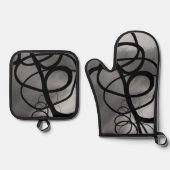 グリッド上：抽象芸術グレー、白黒 鍋つかみ&鍋敷きセット (正面)