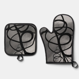 グリッド上：抽象芸術グレー、白黒 鍋つかみ&鍋敷きセット