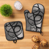 グリッド上：抽象芸術グレー、白黒 鍋つかみ&鍋敷きセット (トップダウン)