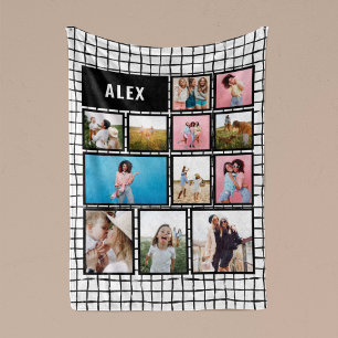 グリッド白黒12フォトモダンミニマル抽象芸術 フリースブランケット