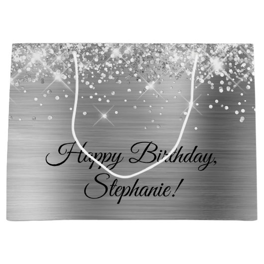 グリティリーシルバーパーソナライズされたハッピーバースデー ラージペーパーバッグ (正面)