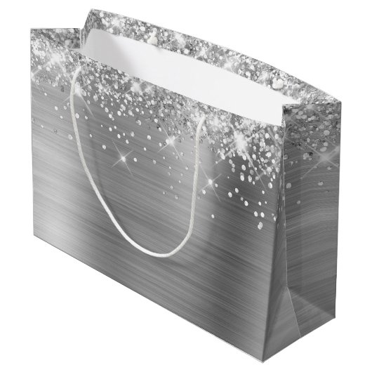 グリティリーシルバーパーソナライズされたハッピーバースデー ラージペーパーバッグ (裏面アングル)