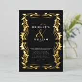 グリネ伝統的リークラシックブラック&金ゴールド結婚ズ 箔招待状 (立ち正面)