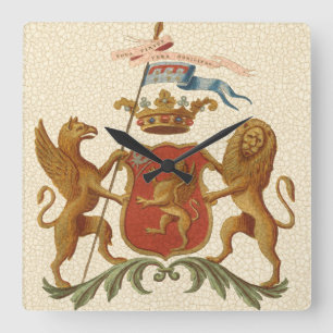 グリフィンおよびライオンが付いている荘厳なHeraldicバッジ スクエア壁時計