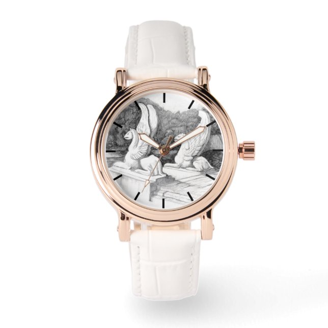 グリフィンの彫刻 モノクローム 鉛筆アート 腕時計 (正面)