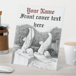 グリフィンの彫刻 モノクロ 鉛筆アート 台座サイン