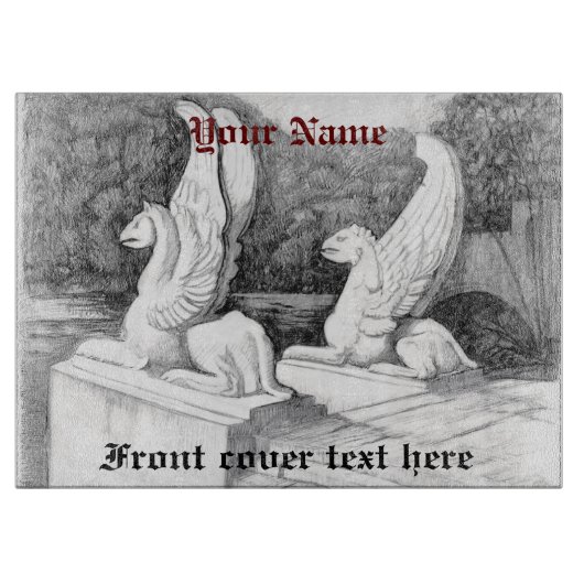 グリフィン彫刻モノクロ鉛筆アート カッティングボード (正面)