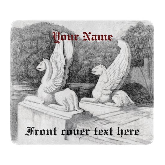 グリフィン彫刻モノクロ鉛筆アート カッティングボード (正面)