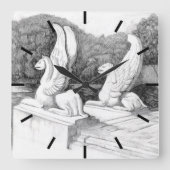 グリフィン彫刻モノクロ鉛筆アート スクエア壁時計 (正面)