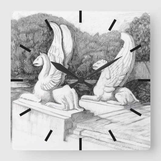 グリフィン彫刻モノクロ鉛筆アート スクエア壁時計 (正面)