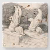 グリフィン彫刻モノクロ鉛筆アート ストーンコースター (正面)