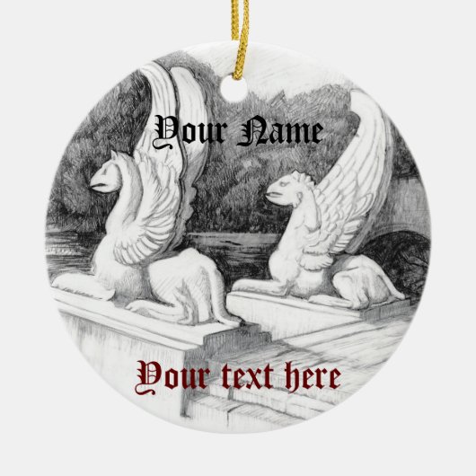 グリフィン彫刻モノクロ鉛筆アート セラミックオーナメント (正面)