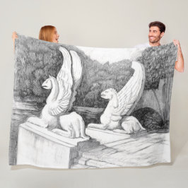 グリフィン彫刻モノクロ鉛筆アート フリースブランケット