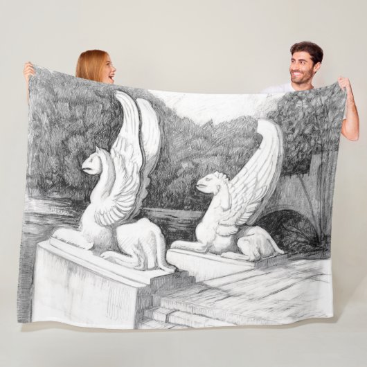 グリフィン彫刻モノクロ鉛筆アート フリースブランケット (インサイチュ)